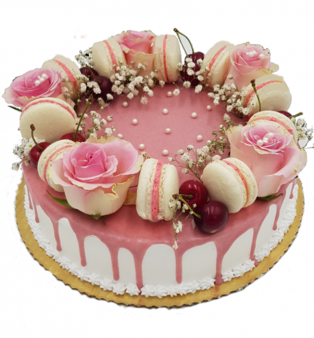 Drip cake z makaronikami i kwiatami
